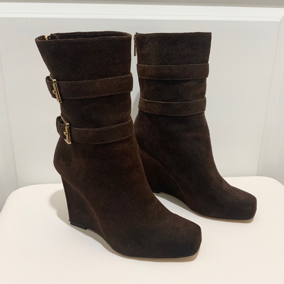 Michael Kors Parker Brown Suede Leather Wedge Bootie Exposed Zip Ankle Boots 7.5 - Picture 5 of 16